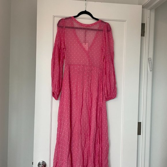 LoveShackFancy Bevelyn Pink White Polka Dot Wrap Dress Long Sleeves Front Slit - Picture 11 of 12